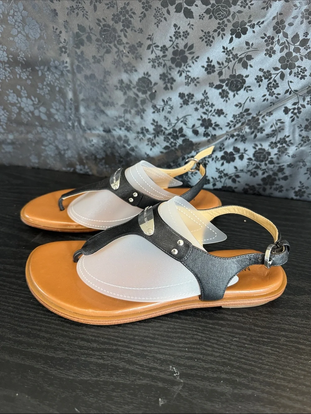 Michael Kors Black and White T-Strap Leather Sandals